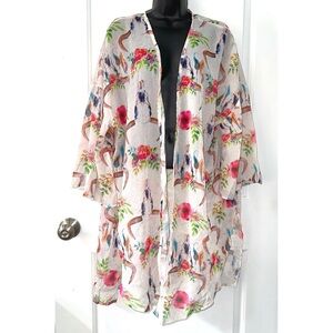 Grace & Emma Floral Cow Skull Print Western Duster Kimono Shawl